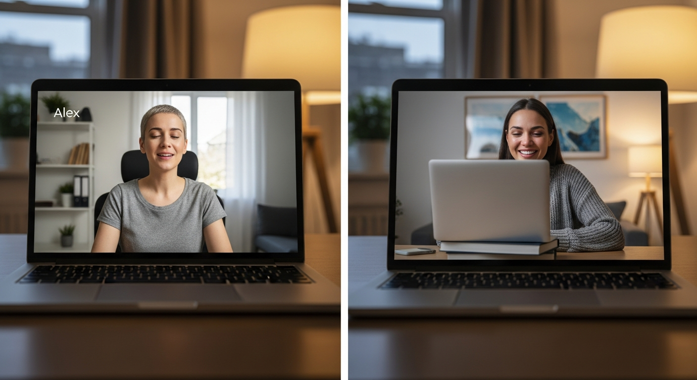 Photorealistic scene of an intimate couples therapy breakthrough moment captured through laptop screens during a video call. Two women face each other through their computer cameras in separate rooms. On the left screen, Alex has short-cropped hair, wearing a plain grey t-shirt, sitting in an office chair with her face completely relaxed and open, eyes soft and filled with recognition as she looks directly at her partner through the camera. On the right screen, Sasha wears a soft, stylish sweater, her laptop carefully positioned on a stack of books, her face illuminated with a genuine smile, eyes clear and bright where tears had been moments before, radiating relief and connection. The lighting in both rooms is warm and soft, creating an intimate evening atmosphere. Both women's body language shows openness and vulnerability - shoulders relaxed, leaning slightly forward toward their screens. The composition captures the profound moment of reconnection between partners who have just broken through years of protective patterns. Professional therapy session setting, realistic home office environments visible in backgrounds, natural window light mixing with warm lamp light. High detail on facial expressions showing genuine emotion, hope, and the relief of finally being seen by one's partner. Photorealistic rendering of laptop screens, realistic skin tones, authentic contemporary residential interiors, cinematic emotional depth.