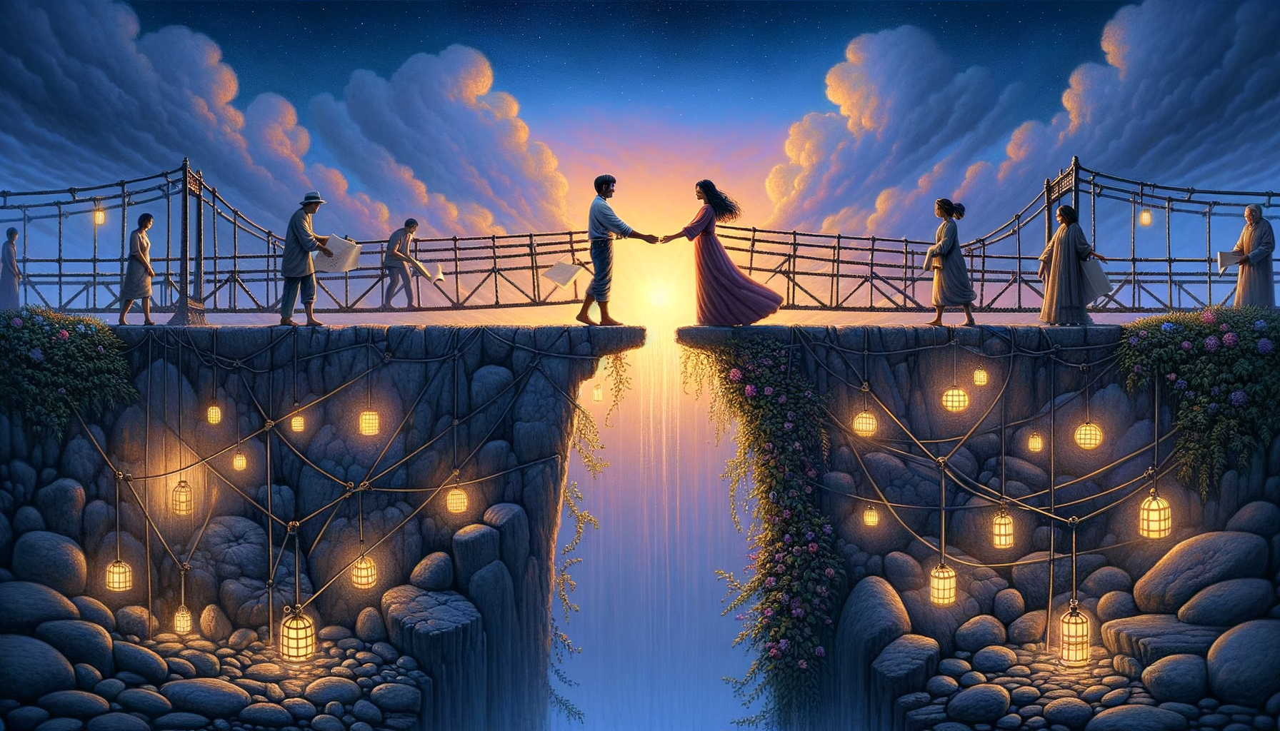 Two people stand on opposite sides of a gaping crevice under a twilight sky. The person on the left, a South Asian man, is building a sophisticated bridge relying on blueprints, tools, and a matrix of geometric shapes symbolizing rationality. On the right, a Hispanic woman works on her part of the bridge amid fluid fabrics, luminous lights, and natural shapes denoting beauty and sentiment. Their bridge consists of intertwined elements: rugged steel beams adorned with blooming climbers, dependable stones decked with softly gleaming lanterns. As their hands almost meet in the middle, the gap diminishes. The sky shifts from cool blues to warm sunset hues midway, while shadows beneath suggest a past filled with disagreement and confusion. The overall mood resonates with hope and shows the challenging yet stunning labor of bonding and reconciliation. The picture is to be painted in a symbolic, deeply touched, dreamlike manner with an emphasis on lighting, reminiscent of pre-1912 surrealistic style.