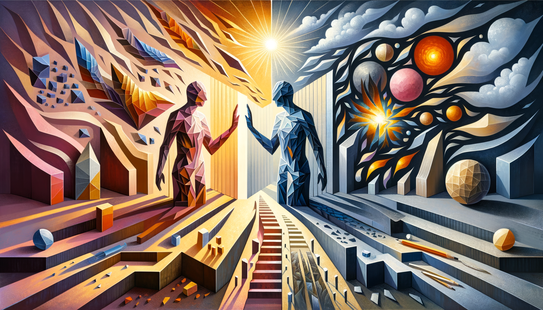 Create a visual depiction of an abstract concept representing relationship healing through therapy. The scenario includes two abstract figures initially separate and defensive, with their forms made of sharp geometric shapes, standing on opposite sides of the image. In between them, there is a shadow form symbolizing fear. This should represent anxieties such as fear of abandonment, typical role entrapment, and emotional isolation. As we reach the center of the illustration, the figures should slowly soften and merge into organic forms. A warm golden light should radiate from their point of connection. Include symbolic elements such as a shield transforming into an open hand, fortress walls crumbling into bridges, and fragmented mirror pieces coming together. The colors should transition from cold shades of blues and grays on the external edges to warm hues of oranges, soft pinks, and gentle golds at the center. The composition should convey a journey from separation and self-protection towards mutual recognition, safety, and partnership. Execute this concept in a modern abstract style with elements of surrealism providing symbolic depth, provoking thought, and evoking emotion.