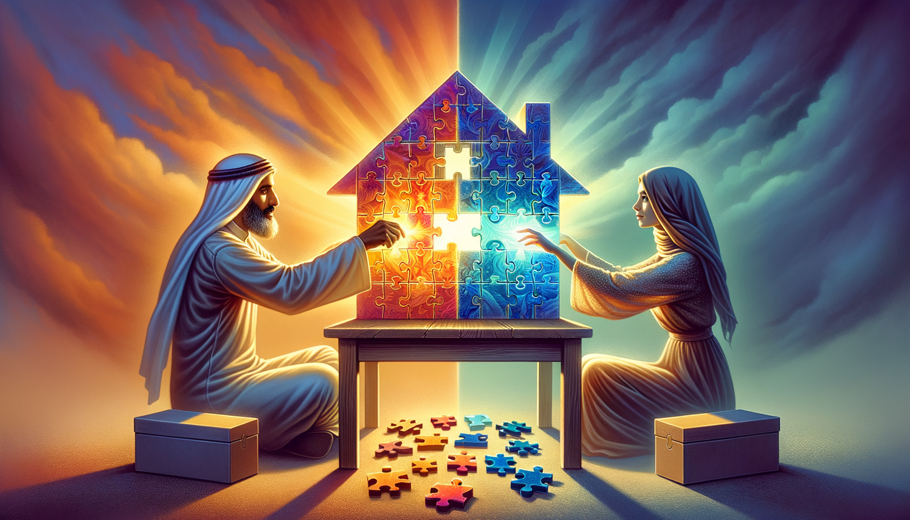An allegorical illustration in a modern style showcasing a sense of balance and partnership. A Middle-Eastern man and a Caucasian woman are seated across a table, collaboratively constructing a miniature house from vibrant, translucent pieces. One half of the house radiates a warm, amber light signifying connection and welcome, while the other half emits a serene blue light denoting refuge and solitude. The pieces they use are from two distinct puzzle boxes beside them. Their hands meet in the middle symbolizing unity where the disparate halves of the house connect. A soft gradient in the backdrop transitions from warm to cool tones, embodying the fusion of diverse needs into a common vision. This scene evokes feelings of understanding, teamwork, and the creation of beauty from differing viewpoints.