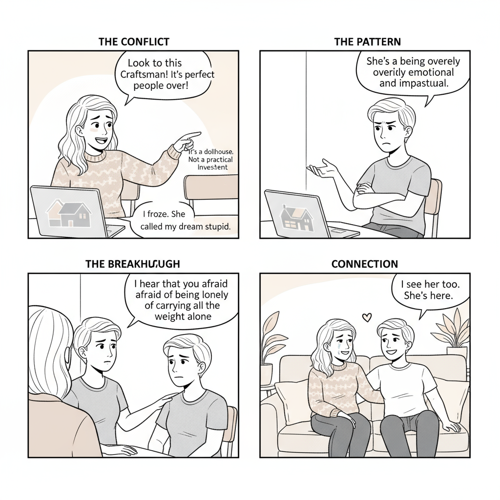Create a 4-panel horizontal comic strip showing a couple's therapy session journey. Simple, clean art style with clear black outlines. Panel 1 (Top Left) - "THE CONFLICT": Two women sitting at laptops. Left: SASHA (soft sweater, longer hair, excited expression) pointing at laptop saying "Look at this Craftsman! It's perfect for having people over!" Right: ALEX (short hair, grey t-shirt, dismissive expression, arms crossed) saying "It's a dollhouse. Not a practical investment." Panel 2 (Top Right) - "THE PATTERN": Same two women, now both looking upset. SASHA (withdrawn, looking down, sad) with small text "I froze. She called my dream stupid." ALEX (frustrated, gesturing) with text "She's being overly emotional and impractical." Panel 3 (Bottom Left) - "THE BREAKTHROUGH": The two women looking at each other with softer expressions. ALEX (gentle, reaching toward Sasha) saying "I hear that you're afraid of being lonely in our own home." SASHA (empathetic, tears in eyes) saying "I hear you're terrified of carrying all the weight alone." Panel 4 (Bottom Right) - "CONNECTION": The two women smiling at each other, relaxed and connected. ALEX saying "I see my partner." SASHA saying "I see her too. She's here." Small heart symbol between them. Clean line art, simple expressions, speech bubbles clearly labeled, warm and accessible style, black and white with subtle shading.