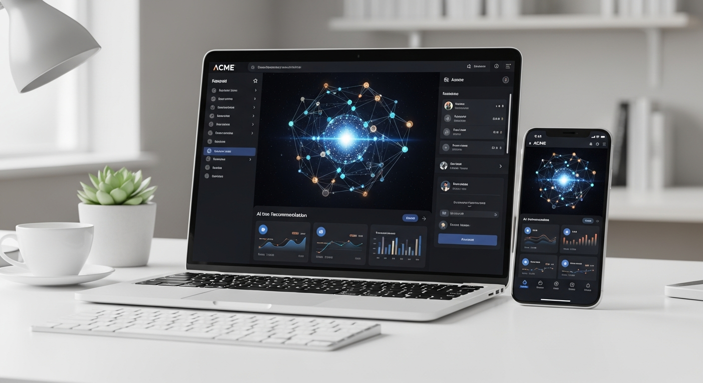 Photorealistic product mockup for ACME technology platform displayed on a sleek modern laptop and smartphone on a minimalist white desk. The laptop screen shows an elegant software interface with a dark theme featuring a glowing digital network visualization with interconnected nodes and lines representing connectivity and data flow, a central bright sphere radiating light. The interface includes clean dashboard elements with analytics graphs, AI-powered recommendation widgets, and intuitive navigation menu. The smartphone beside it displays the mobile version of the same app. On the desk: wireless keyboard, coffee cup, small succulent plant. ACME logo subtly visible on screen. Soft natural lighting from the left creating gentle shadows. Modern professional office environment with blurred background. High-end commercial product photography style, sharp focus on screens showing the intuitive user interface and scalable technology platform.