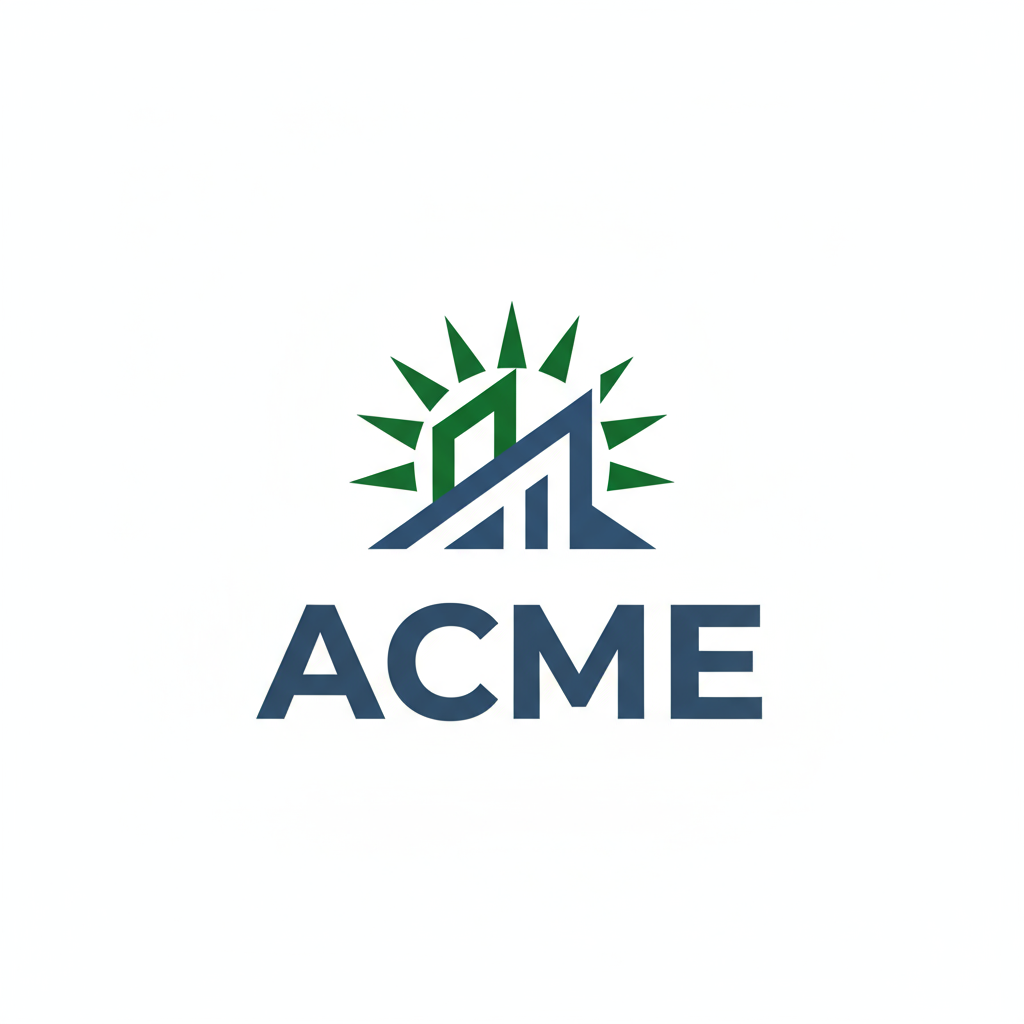 Minimalist professional logo design for ACME company. The design features the text "ACME" in clean, modern sans-serif typography. Above or integrated with the text is a simple geometric symbol combining: a stylized sun with angular rays representing renewable energy, and a building or triangular structure element representing construction. Use a color palette of deep green (renewable energy) and slate blue (construction/technology) on white background. The symbol should be abstract, geometric, and scalable - made of clean lines and simple shapes. Modern, professional, memorable design suitable for a $300M+ company in renewable energy and construction sectors. Ultra-clean minimalist style with strong brand recognition potential.
