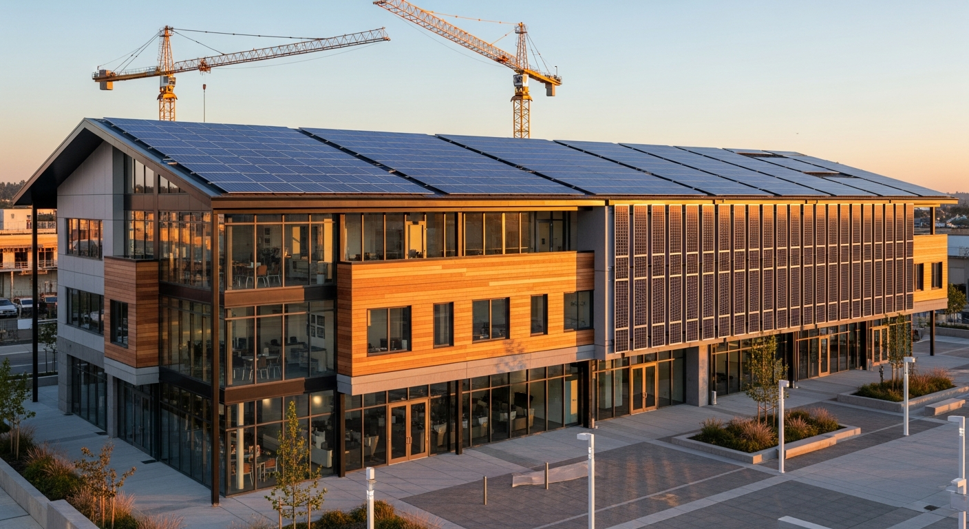 Photorealistic architectural rendering of a modern three-story commercial office building with extensive solar panel integration. The building features a contemporary design with floor-to-ceiling glass curtain walls on the ground floor, natural wood accent panels on the mid-level, and a black powder-coated steel frame structure. The entire rooftop is covered with sleek blue-black photovoltaic solar panels arranged in a geometric pattern. Additional vertical solar panels are integrated into the south-facing facade. In the background, two yellow construction tower cranes are visible against the sky, indicating ongoing development in the area. The building is set in an urban business district with concrete plaza, modern LED streetlights, and landscaped areas with native drought-resistant plants. Golden hour lighting at sunset with warm orange and amber light illuminating the glass facade and casting long shadows across the plaza. The solar panels reflect the evening sky with a subtle blue glow. Professional architectural visualization style with high attention to material textures - brushed metal, tempered glass, natural cedar wood cladding, and matte concrete. Crystal clear details showing the building's sustainable design features. Wide-angle view showing the full building and surrounding context.