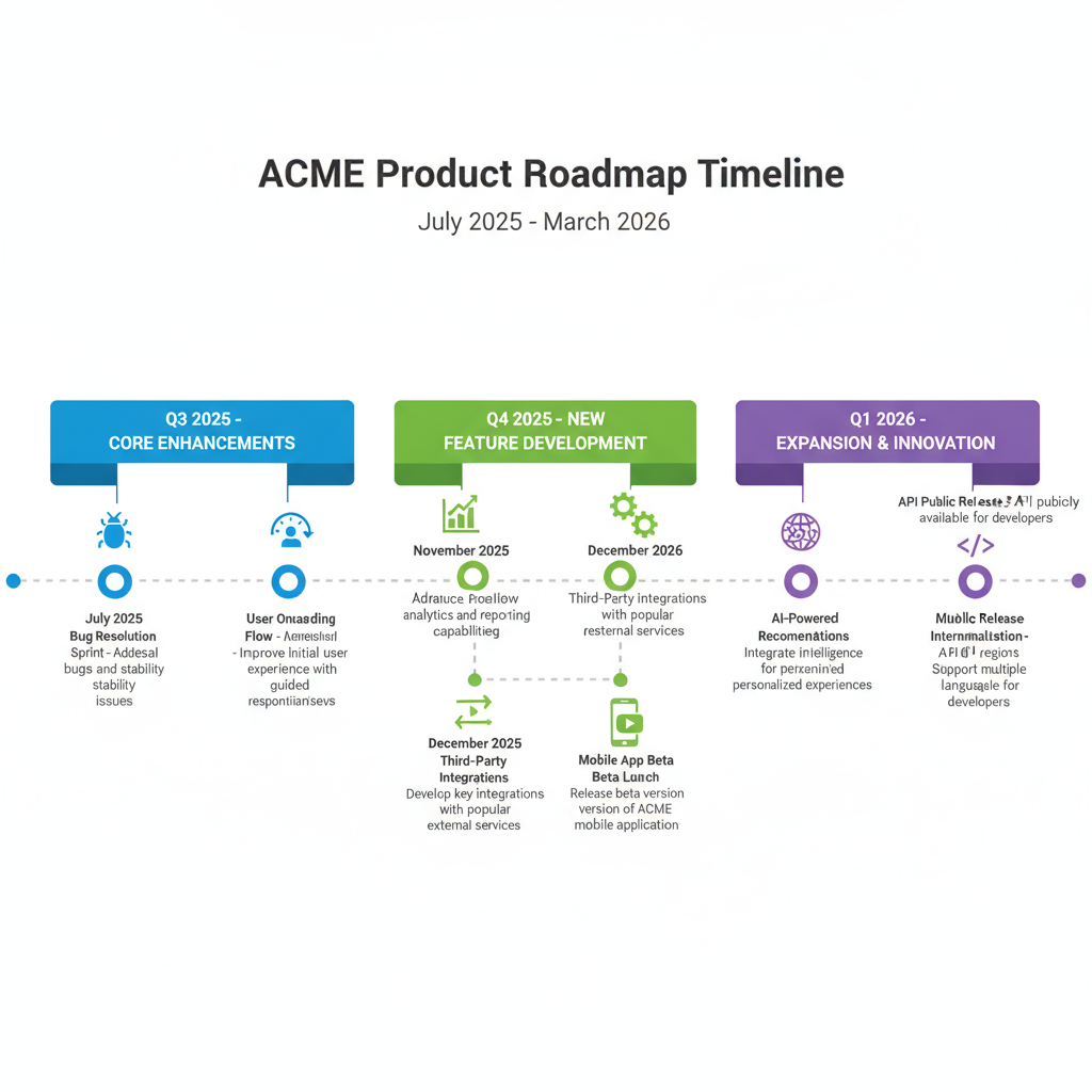 Create a professional horizontal timeline infographic showing ACME Product Roadmap milestones from July 2025 to March 2026. Timeline events from left to right: Q3 2025 - CORE ENHANCEMENTS (use blue color): • July 2025: Bug Resolution Sprint - Address critical bugs and stability issues • August 2025: User Onboarding Flow - Improve initial user experience with guided onboarding • September 2025: Performance Optimization - Enhance application speed and responsiveness Q4 2025 - NEW FEATURE DEVELOPMENT (use green color): • November 2025: Advanced Reporting Module - Introduce new analytics and reporting capabilities • December 2025: Third-Party Integrations - Develop key integrations with popular external services • December 2025: Mobile App Beta Launch - Release beta version of ACME mobile application Q1 2026 - EXPANSION & INNOVATION (use purple color): • February 2026: AI-Powered Recommendations - Integrate artificial intelligence for personalized experiences • March 2026: Internationalization Support - Support multiple languages and regions • March 2026: API Public Release - Make ACME's API publicly available for developers Design requirements: - Horizontal timeline with clear date markers - Modern professional style with clean layout - Use icons for each milestone (bug icon, user icon, speed icon, chart icon, integration icon, mobile icon, AI icon, globe icon, API icon) - Color-coded by quarter (Q3=blue, Q4=green, Q1=purple) - Title at top: "ACME Product Roadmap Timeline" - Subtitle: "July 2025 - March 2026" - Brief descriptions under each milestone - Clean white background with subtle connecting line between milestones