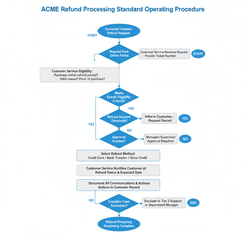 Create a professional flowchart for ACME Refund Processing Standard Operating Procedure with the following elements: START (oval): "Customer Initiates Refund Request" ↓ Process (rectangle): "Customer Service Receives Request - Provide Ticket Number" ↓ Decision (diamond): "Request from Online Portal, Email, or Phone?" ↓ Process (rectangle): "Customer Service Verifies Eligibility: Purchase within refund period? Valid reason? Proof of purchase?" ↓ Decision (diamond): "Meets Eligibility Criteria?" → NO path (rectangle): "Inform Customer - Request Denied" → END (oval) → YES path continues ↓ Decision (diamond): "Refund Amount Exceeds Threshold?" → YES path (rectangle): "Manager/Supervisor Approval Required" → NO path continues ↓ Decision (diamond): "Approval Granted?" (from threshold check) → NO path → "Inform Customer - Request Denied" → END → YES path continues ↓ Process (rectangle): "Accounts Department Processes Refund via Payment Gateway" ↓ Process (rectangle): "Select Refund Method: Credit Card / Bank Transfer / Store Credit" ↓ Process (rectangle): "Customer Service Notifies Customer of Refund Status & Expected Date" ↓ Process (rectangle): "Document All Communications & Actions in Customer Record" ↓ Decision (diamond): "Complex Case Requiring Escalation?" → YES path (rectangle): "Escalate to Tier 2 Support or Department Manager" → NO path continues ↓ END (oval): "Refund Processing Complete" Use standard flowchart symbols: ovals for start/end, rectangles for processes, diamonds for decisions. Use arrows to show flow direction. Include clear labels for YES/NO paths. Use professional business colors (blue, gray, white). Make text highly readable and well-organized with proper spacing.
