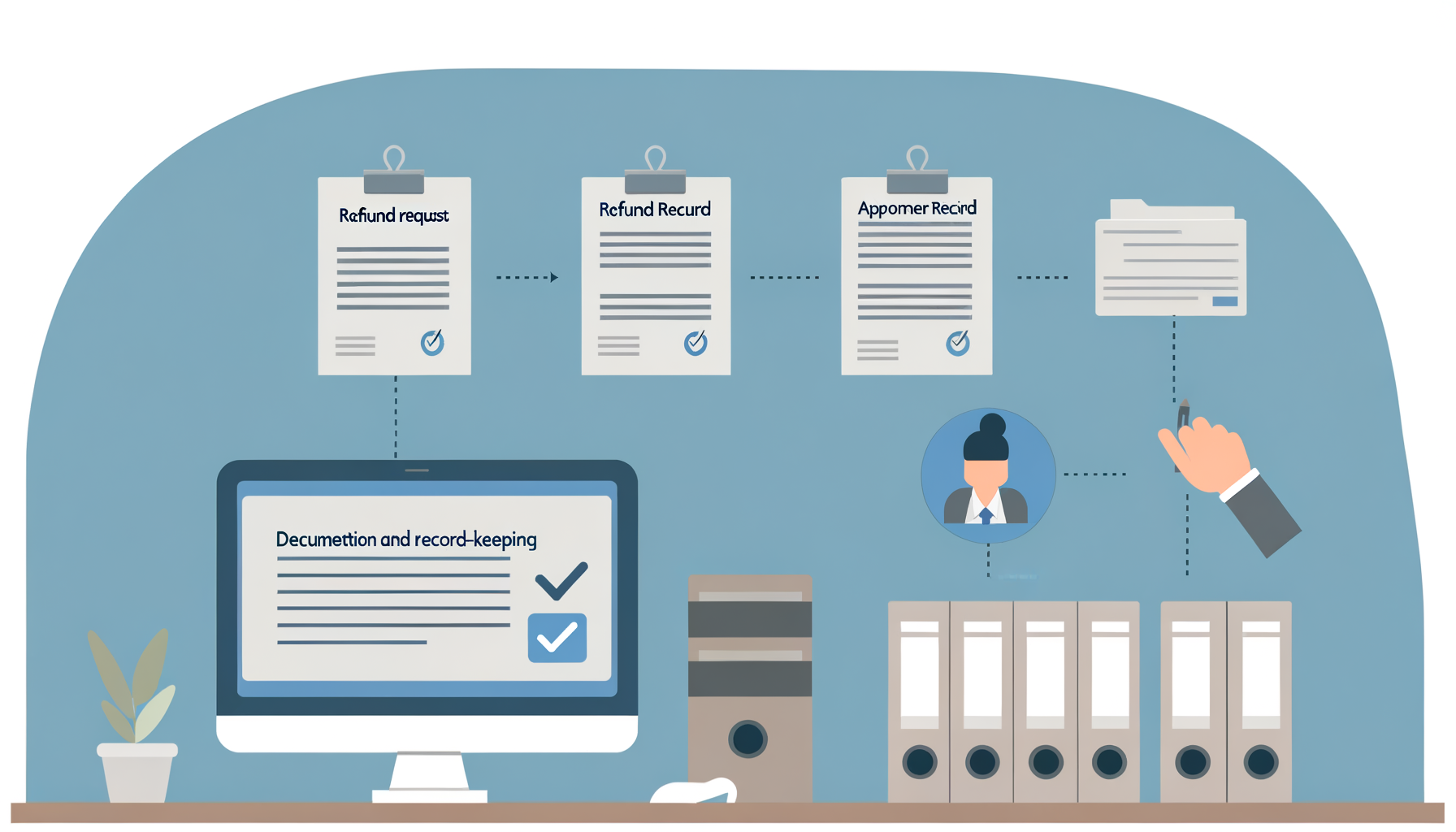 Create a simple flat illustration for a step in a refund process guide about Documentation and record-keeping. It should include well-organized files and folders, along with a computer system. The computer screen should be depicted as customer records being updated. There should also be simple icons to represent documents such as a refund request form, an approval document, and a confirmation document. The theme of the illustration is in a minimalist style with soft blue and white color scheme. The design should be clean and organized to emphasize the essence of proper record-keeping. Minimal text should be used in the design.