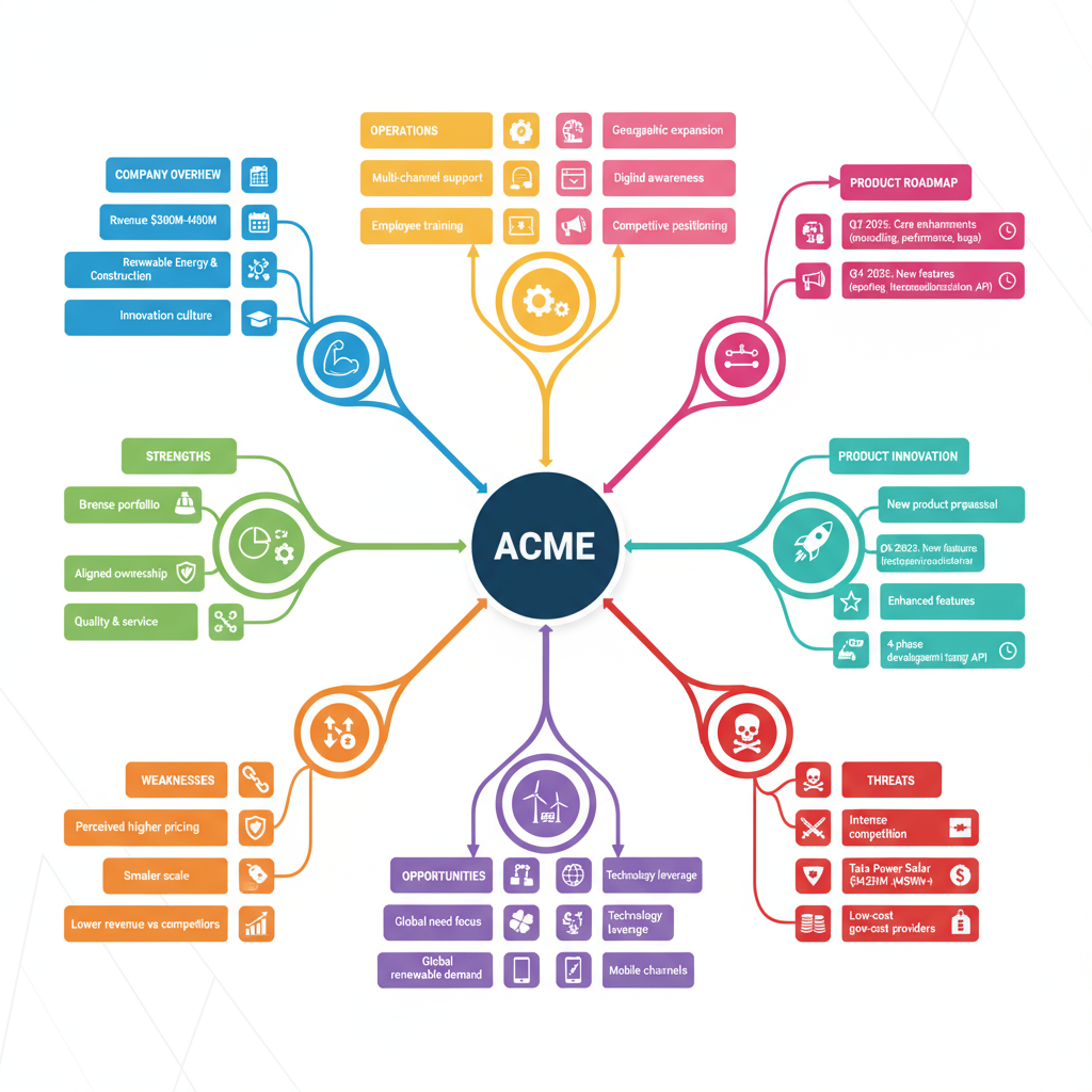 Create a comprehensive mind map with "ACME" as the central topic in the middle in a large bold circle. Main branches radiating from center (each branch in different colors): 1. COMPANY OVERVIEW (Blue branch): - Founded 1995 - Revenue $300M-$400M - Renewable Energy & Construction - Institutional ownership - Innovation culture 2. STRENGTHS (Green branch): - Brand loyalty - Diverse portfolio - Aligned ownership - Quality & service - Cross-sector advantages 3. WEAKNESSES (Orange branch): - Limited geographic reach - Smaller scale - Perceived higher pricing - Lower revenue vs competitors 4. OPPORTUNITIES (Purple branch): - Digital sales expansion - Technology leverage - Global renewable demand - Mobile channels 5. THREATS (Red branch): - Intense competition - ReNew ($1.3B+) - Tata Power Solar ($439M+) - Rising costs - Low-cost providers 6. PRODUCT INNOVATION (Teal branch): - New product proposal - Market need focus - Enhanced features - 4-phase development - Revenue growth target 7. PRODUCT ROADMAP (Magenta branch): - Q3 2025: Core enhancements (onboarding, performance, bugs) - Q4 2025: New features (reporting, integrations, mobile beta) - Q1 2026: Expansion (AI recommendations, internationalization, API) 8. OPERATIONS (Yellow branch): - Refund SOP - Multi-channel support - Quality consistency - Employee training 9. STRATEGIC PRIORITIES (Pink branch): - Geographic expansion - Digital reach - Innovation & partnerships - Brand awareness - Competitive positioning Use modern professional design with clear readable text labels, organized radial layout, connecting lines from center to branches and sub-branches. Include small icons or visual elements for each branch to enhance understanding. Professional business style.