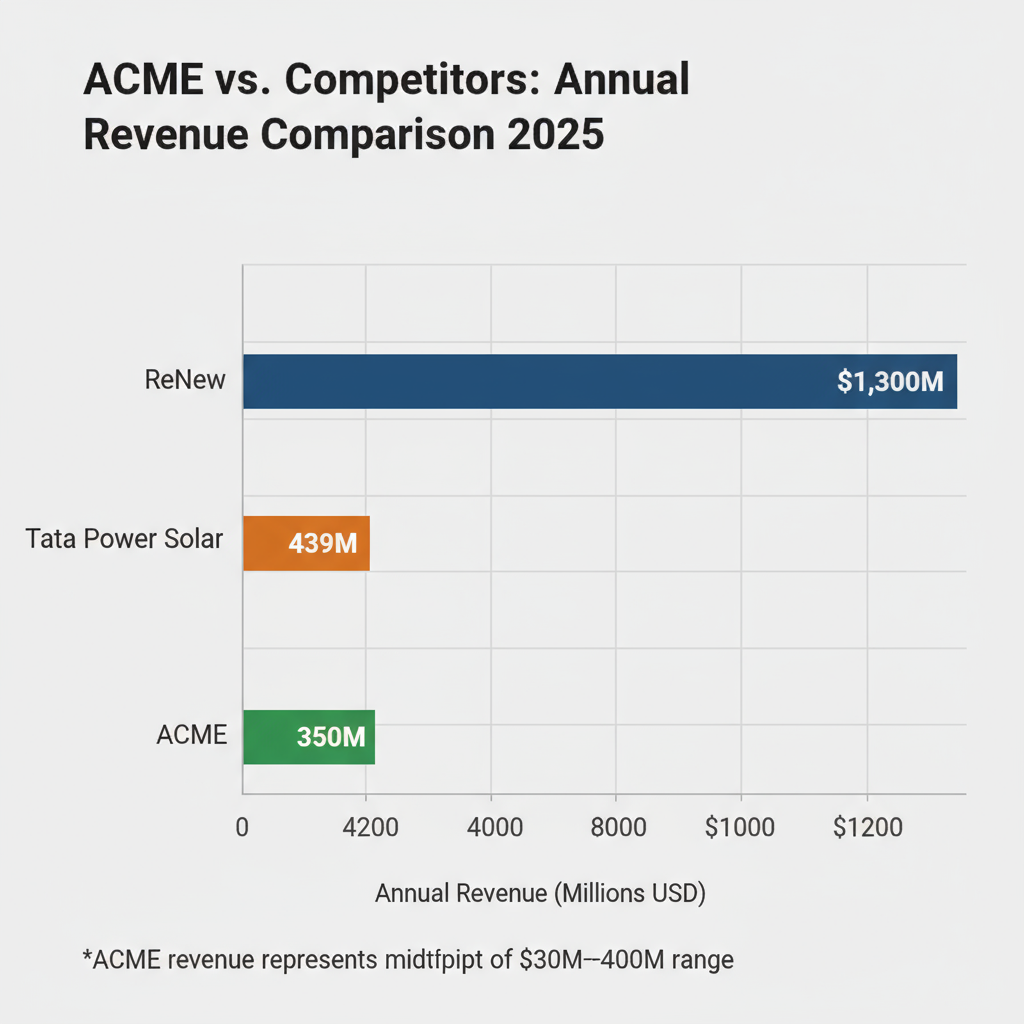 Create a professional horizontal bar chart comparing annual revenue of renewable energy companies: Company Revenue Data: - ReNew: $1,300M (1.3 billion dollars) - Tata Power Solar: $439M - ACME: $350M (midpoint of $300M-$400M range) Chart Requirements: - Title: "ACME vs. Competitors: Annual Revenue Comparison 2025" - Horizontal bars, each company on Y-axis - X-axis labeled "Annual Revenue (Millions USD)" with scale from $0 to $1,400M - Use distinct colors for each bar: ReNew (dark blue), Tata Power Solar (orange), ACME (green) - Display exact revenue values at the end of each bar in white text - Professional business style with clean design and gridlines - Modern sans-serif font for all labels - Note at bottom: "*ACME revenue represents midpoint of $300M-$400M range"