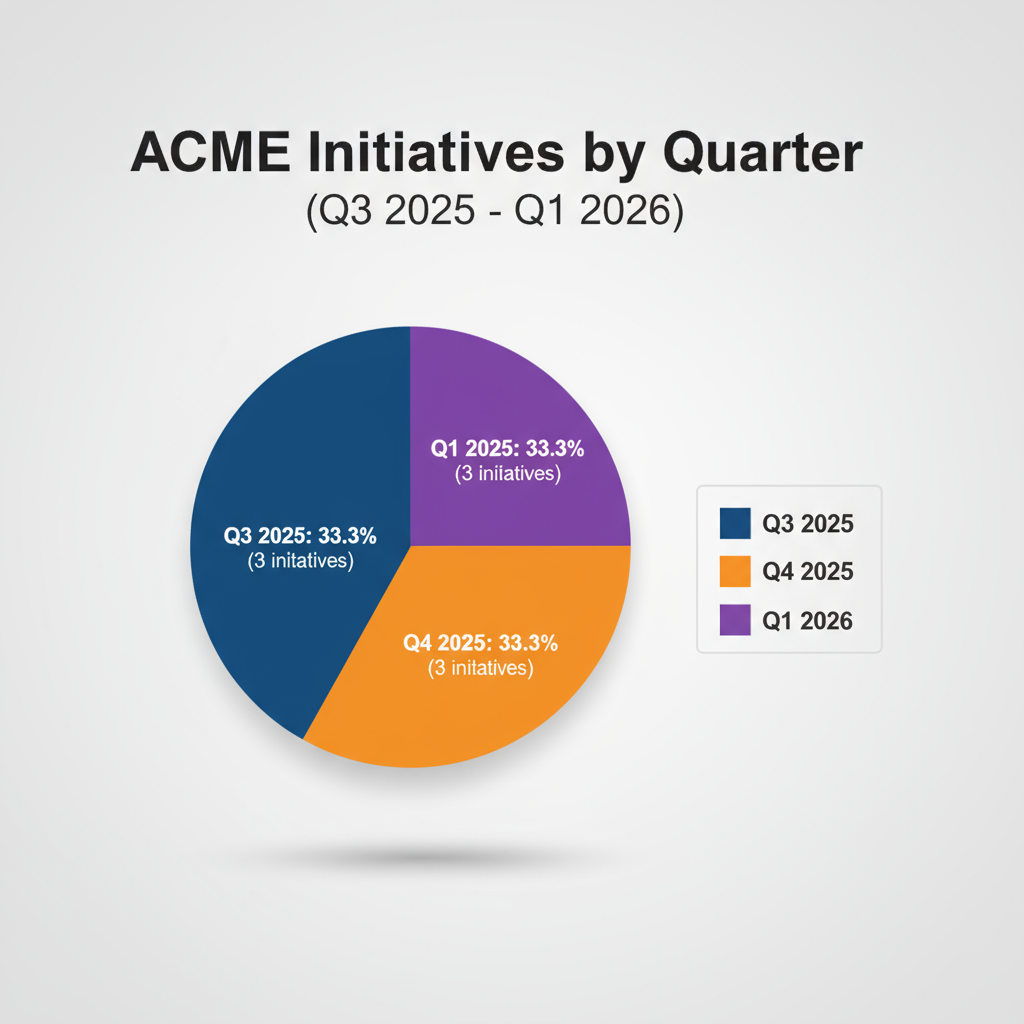 Create a professional pie chart showing ACME Product Roadmap initiatives distribution by quarter. Title: "ACME Initiatives by Quarter (Q3 2025 - Q1 2026)". Three slices with these exact values: - Q3 2025: 33.3% (3 initiatives) - Q4 2025: 33.3% (3 initiatives) - Q1 2026: 33.3% (3 initiatives) Use vibrant colors: deep blue for Q3 2025, bright orange for Q4 2025, and vibrant purple for Q1 2026. Each slice should have clear white text labels showing the quarter name and percentage. Include a legend on the right side. Modern business style with clean design and subtle shadows.