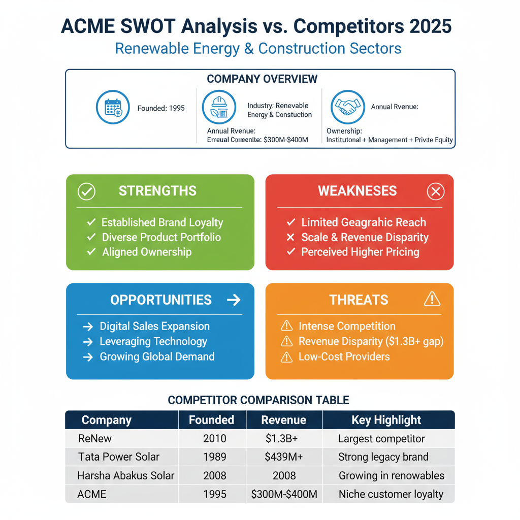 Create a professional business infographic titled "ACME SWOT Analysis vs. Competitors 2025" with the following content: HEADER SECTION: - Title: "ACME SWOT Analysis vs. Competitors 2025" - Subtitle: "Renewable Energy & Construction Sectors" COMPANY OVERVIEW BOX (top section with icons): - Founded: 1995 - Industry: Renewable Energy & Construction - Annual Revenue: $300M-$400M - Ownership: Institutional + Management + Private Equity SWOT MATRIX (four quadrants with icons): STRENGTHS (green section, top-left): ✓ Established Brand Loyalty ✓ Diverse Product Portfolio ✓ Aligned Ownership WEAKNESSES (red section, top-right): ✗ Limited Geographic Reach ✗ Scale & Revenue Disparity ✗ Perceived Higher Pricing OPPORTUNITIES (blue section, bottom-left): → Digital Sales Expansion → Leveraging Technology → Growing Global Demand THREATS (orange section, bottom-right): ⚠ Intense Competition ⚠ Revenue Disparity ($1.3B+ gap) ⚠ Rising Costs ⚠ Low-Cost Providers COMPETITOR COMPARISON TABLE (bottom section): | Company | Founded | Revenue | Key Highlight | | ReNew | 2010 | $1.3B+ | Largest competitor | | Tata Power Solar | 1989 | $439M+ | Strong legacy brand | | Harsha Abakus Solar | 2008 | Emerging | Growing in renewables | | ACME | 1995 | $300M-$400M | Niche customer loyalty | Design style: Modern corporate infographic with clean layout, professional color scheme (green for strengths, red for weaknesses, blue for opportunities, orange for threats), clear typography, subtle icons for each section, and proper spacing. Use a white or light gray background. Make all text clearly readable.