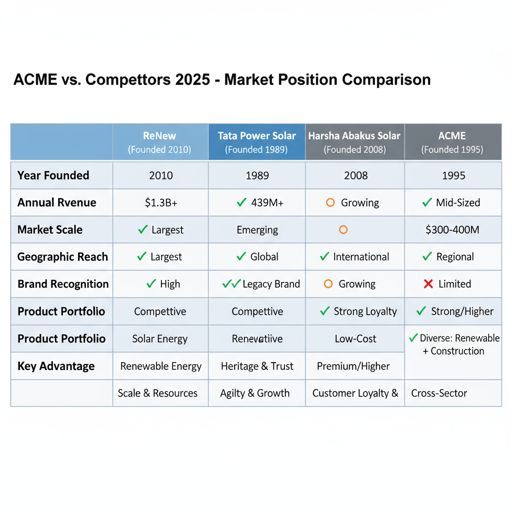 Create a professional comparison table graphic titled "ACME vs. Competitors 2025 - Market Position Comparison" Compare these four companies in a clean table format: - ACME (Founded 1995) - ReNew (Founded 2010) - Tata Power Solar (Founded 1989) - Harsha Abakus Solar (Founded 2008) Comparison criteria (rows): 1. Year Founded: Show actual years (1995, 2010, 1989, 2008) 2. Annual Revenue: ReNew "$1.3B+", Tata Power Solar "$439M+", Harsha Abakus Solar "Emerging", ACME "$300-400M" 3. Market Scale: ReNew "✓ Largest" (green checkmark), Tata Power Solar "✓ Large" (green checkmark), Harsha Abakus Solar "○ Growing" (orange circle), ACME "○ Mid-Sized" (orange circle) 4. Geographic Reach: ReNew "✓ Global" (green checkmark), Tata Power Solar "✓ International" (green checkmark), Harsha Abakus Solar "○ Regional" (orange circle), ACME "✗ Limited" (red X) 5. Brand Recognition: ReNew "✓ High" (green checkmark), Tata Power Solar "✓✓ Legacy Brand" (two green checkmarks), Harsha Abakus Solar "○ Growing" (orange circle), ACME "✓ Strong Loyalty" (green checkmark) 6. Pricing Position: ReNew "Competitive", Tata Power Solar "Competitive", Harsha Abakus Solar "Low-Cost", ACME "Premium/Higher" 7. Product Portfolio: ReNew "Renewable Energy", Tata Power Solar "Solar Energy", Harsha Abakus Solar "Renewables", ACME "✓✓ Diverse: Renewable + Construction" (two green checkmarks) 8. Key Advantage: ReNew "Scale & Resources", Tata Power Solar "Heritage & Trust", Harsha Abakus Solar "Agility & Growth", ACME "Customer Loyalty & Cross-Sector" Use a modern, professional design with: - Clean grid lines - Company names as column headers with subtle color coding - Criteria labels in bold on the left - Green checkmarks (✓) for strengths - Orange circles (○) for moderate/growing - Red X (✗) for weaknesses - Professional blue and gray color scheme - Clear, readable sans-serif font - Subtle alternating row colors for readability Make all text perfectly legible and double-check spelling accuracy.