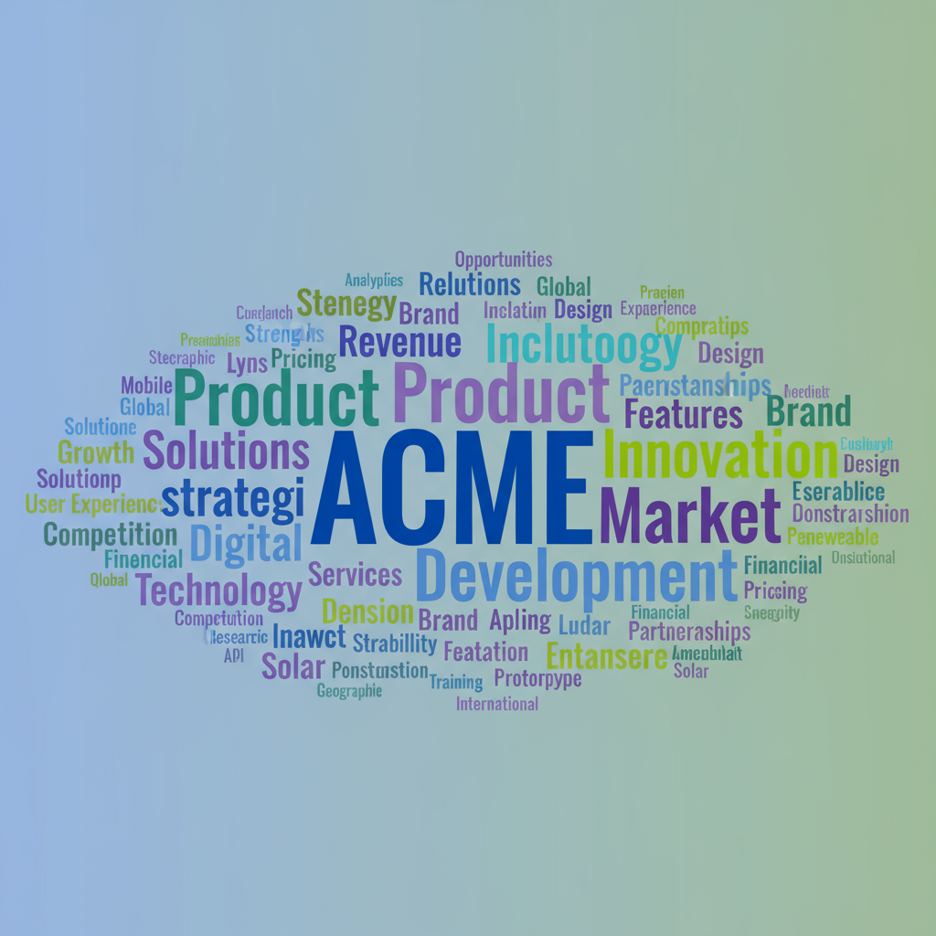 Create a professional word cloud visualization with the following terms sized by frequency: LARGEST WORDS (most frequent): ACME (central, largest) Product Market Innovation Customer Development VERY LARGE WORDS: Growth, Revenue, Energy, Strategic, Digital, Technology LARGE WORDS: Solutions, Services, Brand, Features, Expansion, Competition, Pricing, Financial, Renewable MEDIUM WORDS: Roadmap, Testing, Launch, Design, User Experience, Scalability, Partnerships, Construction, Solar, Integration, AI, Performance SMALLER WORDS: Opportunities, Strengths, Global, Quality, Research, Mobile, API, Analytics, Prototype, Training, Documentation, Geographic, International Use a modern professional color palette with shades of blue, green, and purple to represent technology and renewable energy. Arrange words in an organic cloud shape with the largest words (ACME, Product, Market, Innovation) near the center. Create smooth transitions between word sizes. Clean, modern sans-serif typography. High contrast for readability.
