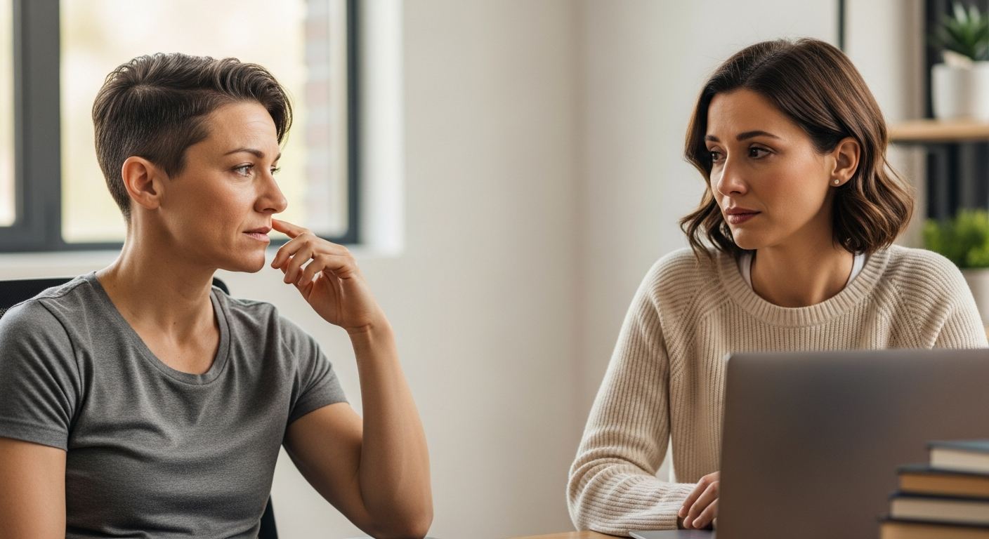 Photorealistic portrait of two women in their early 30s sitting across from each other during a therapy video call session, creating an intimate and emotionally charged atmosphere. On the left side is Alex, a woman with short-cropped hair styled in a practical pixie cut, wearing a plain grey t-shirt, sitting in an office chair. Her expression shows a mix of impatience and vulnerability, with a tight corner of her mouth and a strong jawline. She has an athletic build, and her face suggests someone who defaults to logic but is learning to soften. There are subtle signs of exhaustion and resistance in her posture, with one hand positioned near her face. She has a fair to medium skin tone and defined features, conveying a serious demeanor with hints of protectiveness. On the right side is Sasha, a woman with shoulder-length styled hair, wearing a soft, stylish cream-colored sweater. She sits with precise, careful posture, her laptop propped on books visible in the frame. Her eyes appear sad and vulnerable with a hint of tears, expressing deep emotion and fragility. She has softer features and a gentle expression full of unspoken hurt but also empathy. She has a medium skin tone and an elegant presence, with movements that show both tension and grace. Between them, there is visible emotional tension but also a deep connection. The lighting is soft and warm, reminiscent of a late afternoon Zoom call. Both women are positioned at slight angles toward each other but not quite meeting eyes, capturing a moment of vulnerability and breakthrough in couples therapy. The image is of professional photography quality, with a shallow depth of field. Natural window lighting creates gentle shadows, and contemporary home office settings are visible in the blurred background. The cinematic composition emphasizes the psychological distance and intimacy between them, with high detail on their facial expressions, showing complex emotions of two people learning to truly see each other.