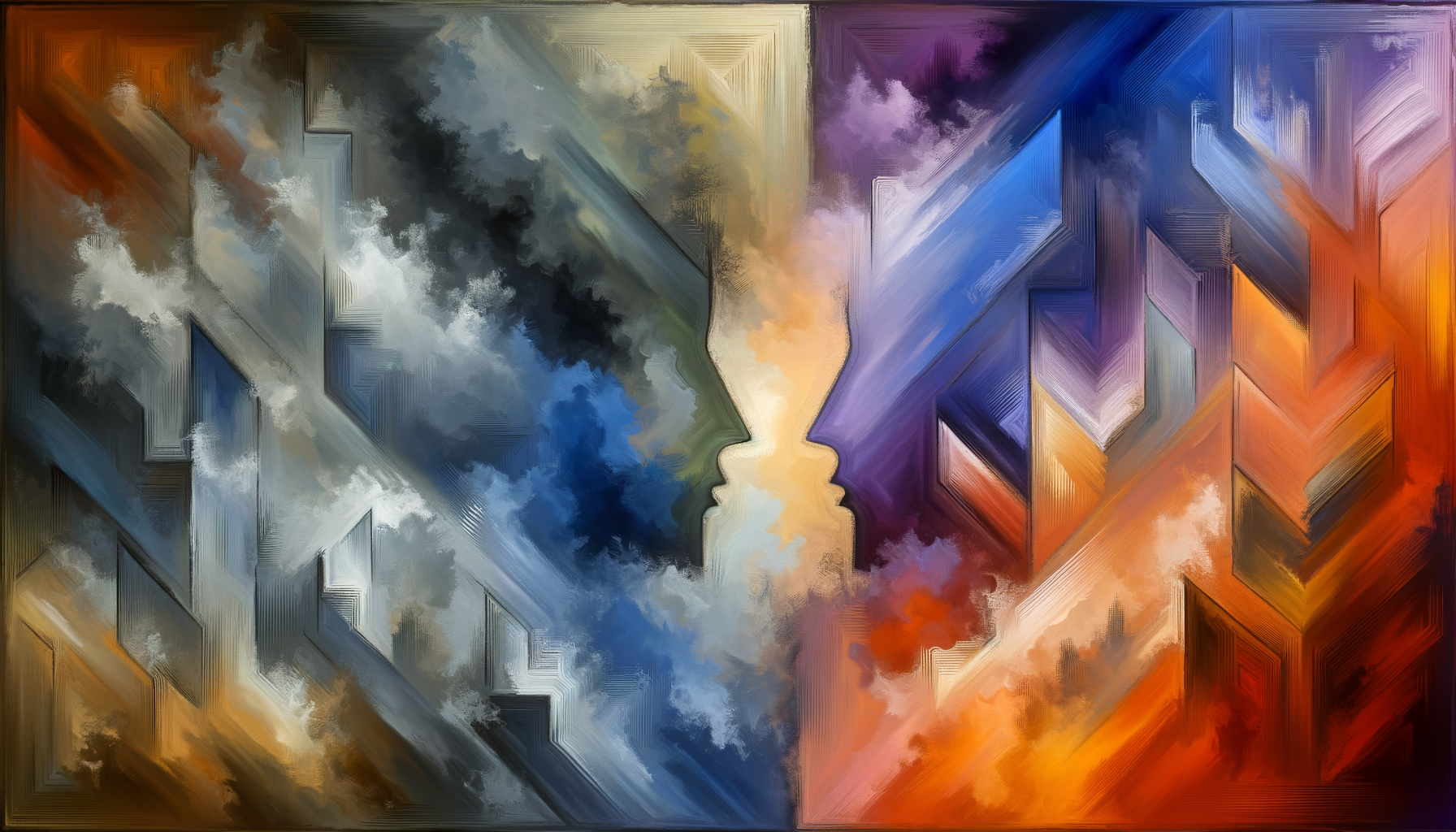 Create a modern style abstract expressionist artwork that portrays the emotional journey of a couple navigating conflict. The canvas is divided into two main zones each representing individual's feelings. The left side characterizes exhaustion, solitude and the need for refuge with cool blues, grays, and deep indigos. It has sharp angular forms and textured brushstrokes hinting tension. The right side symbolizes the need for connection and warmth with warmer hues of oranges, yellows, and terracotta. This side has organic curves and gentle gradients evoking a sense of invitation. The meeting point of these contrasting sides is somewhat central where the colors softly blend creating purples and pinks, symbolic of newfound vulnerability, breakthrough and hope. Overlaying translucent shapes scattered throughout, hinting at the ongoing revelation of underlying fears. The painting transitions from rigid and defensive at edges to fluid and harmonious toward the center. Dark shadows at the periphery give way to subtle light and integration in the middle, evoking deep-seated emotions - tension, shame, fear of abandonment, exhaustion, vulnerability, and eventually hope.